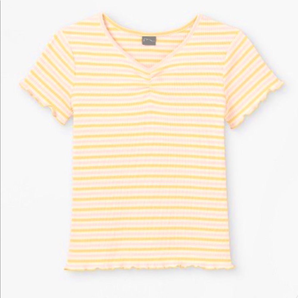 unworn art class pink and yellow ruched front lettuce trim shirt